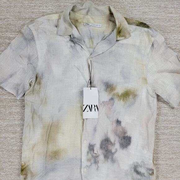 Zara Tie Dye Shirt Mens Small Linen Blend Button Viscose Summer Watercolor New - Picture 10 of 14